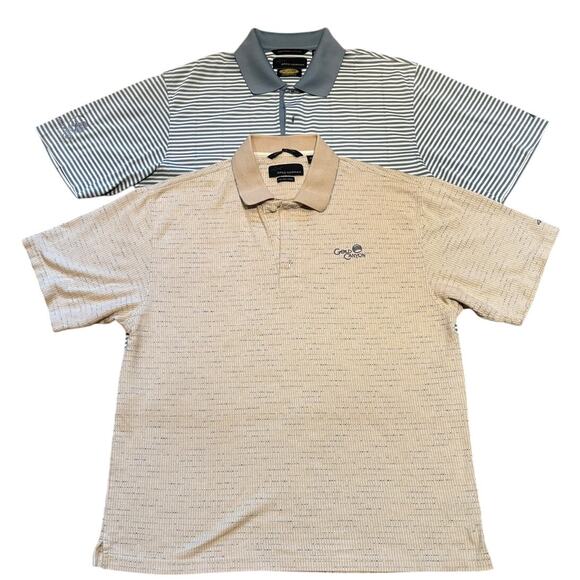 2 Greg Norman Golf Shirts, Beige, Gray, Blue, Size LG, EUC - Picture 1 of 4